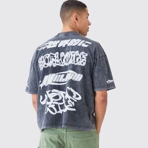 Oversized Boxy Extended Neck Puff Print Washed T-Shirt